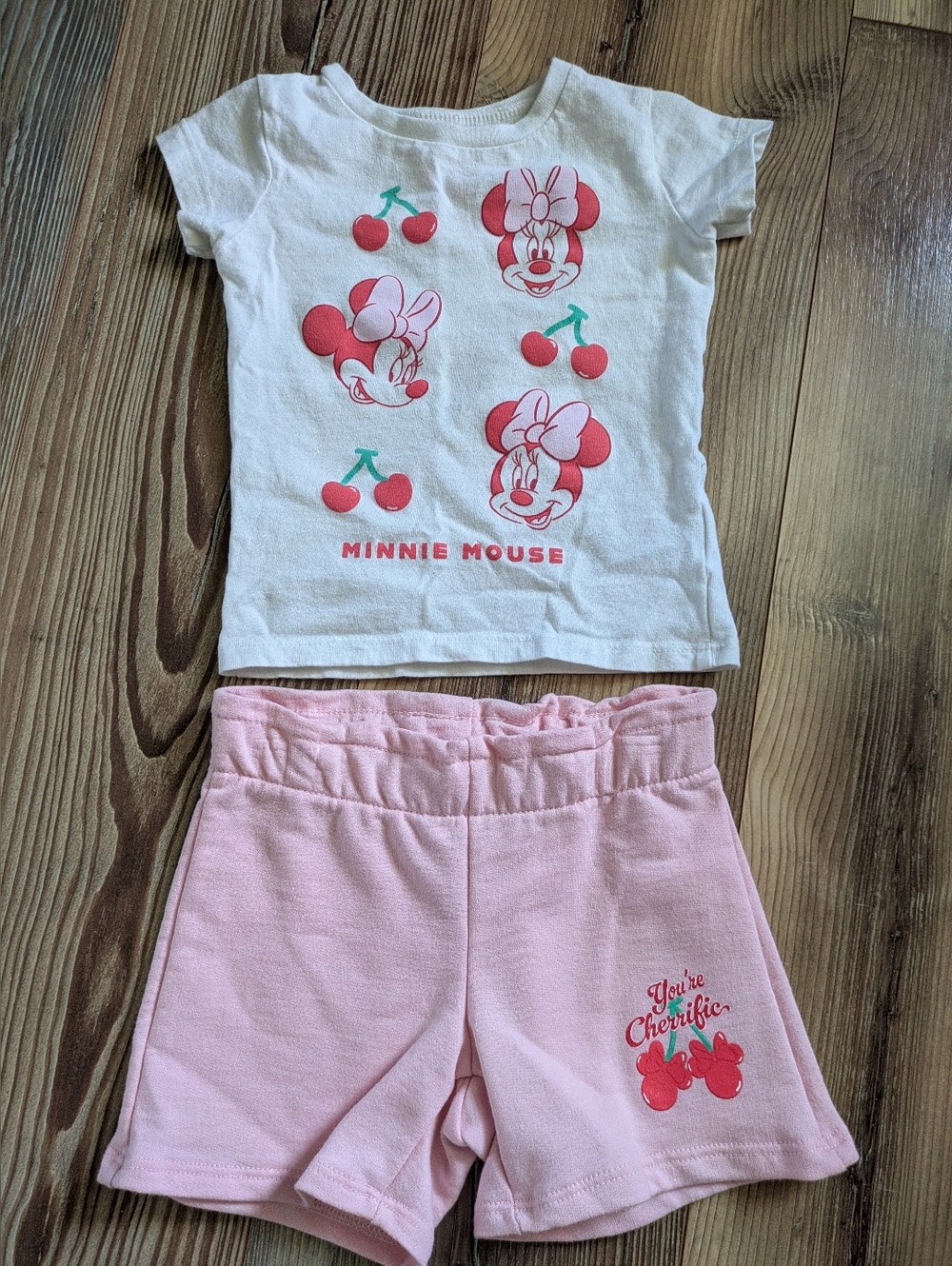 Disney Minnie Mouse 2 Piece Shorts & Short Sleeve Top Pink Red Cherries 18 Month